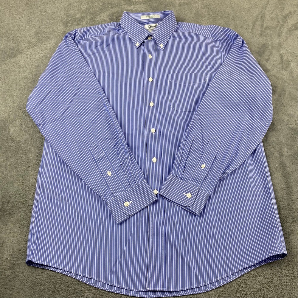 LL Bean Mens 15.5-34 Shirt Blue Pinstripe Wrinkle Free Traditional Fit